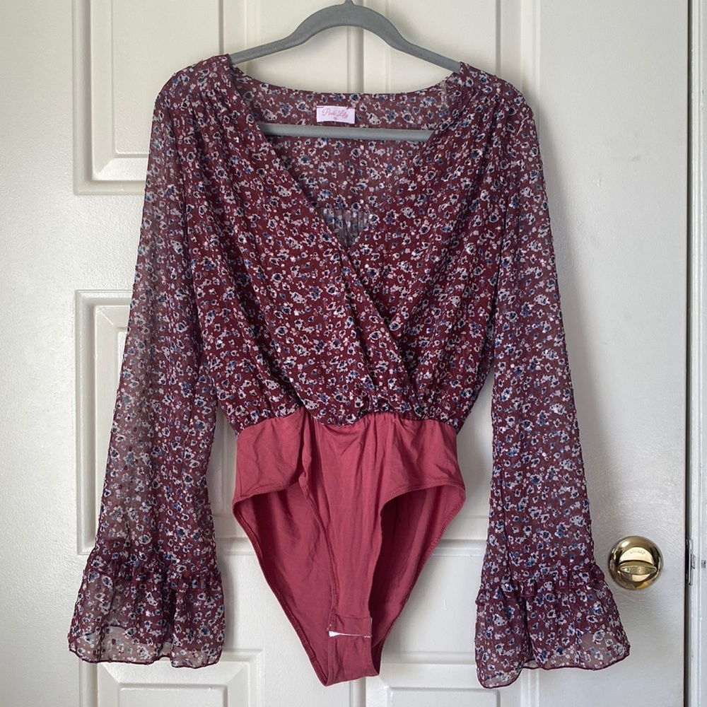 Pink Lily Floral Bell Sleeve Bodysuit